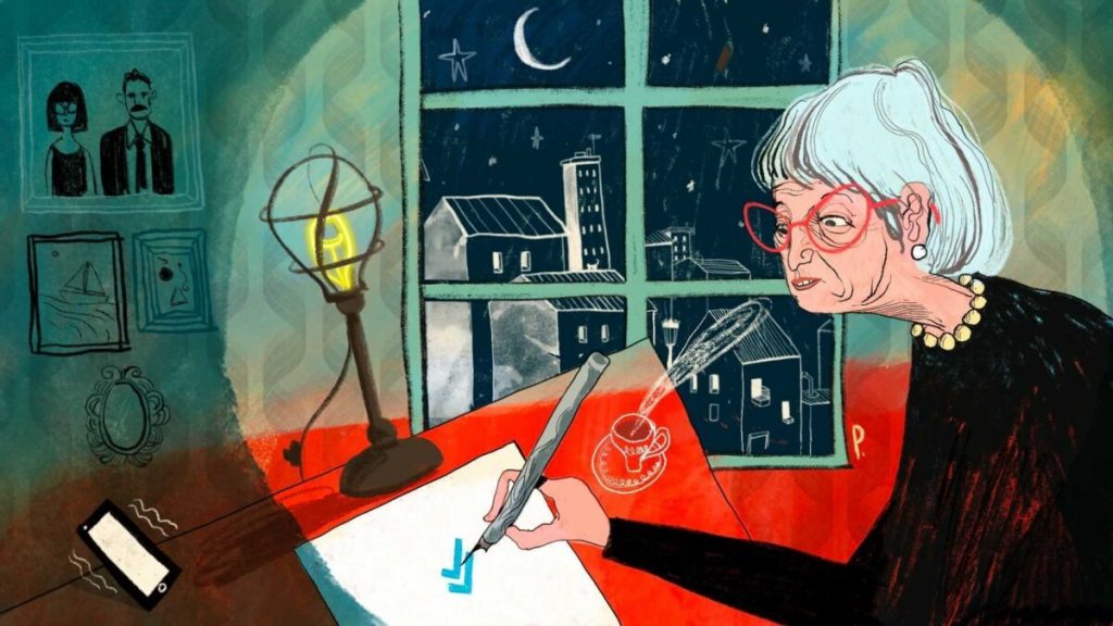 Ilustración que muestra a una mujer mayor escribiendo sobre un papel en un escritorio, al interior de una habitación durante la noche.
