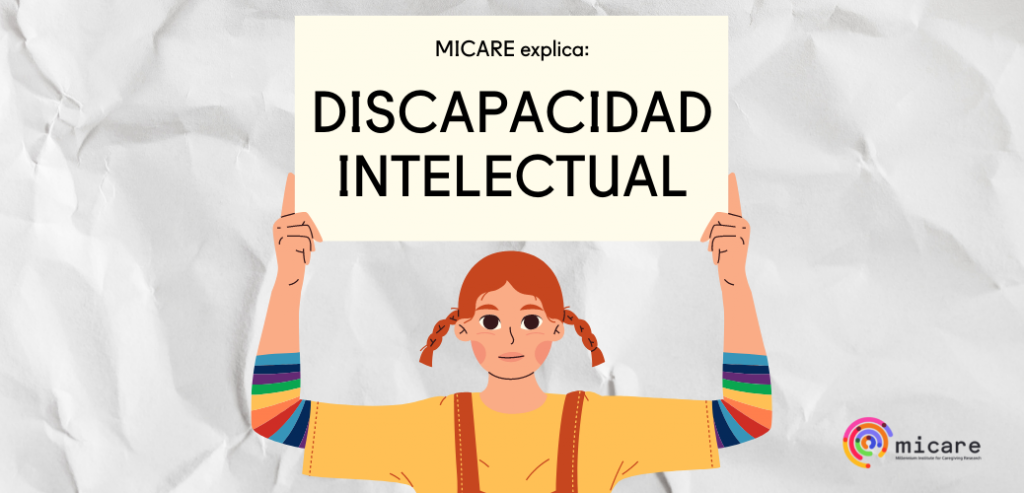 Ilustración de una niña sosteniendo un cartel que dice: Micare explica, discapacidad intelectual.
