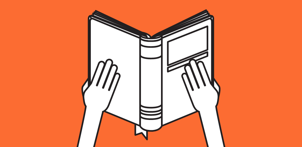 Ilustración de las manos de una persona sosteniendo un libro abierto