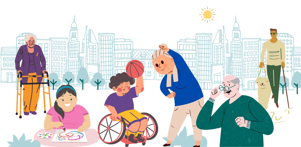 Ilustración que muestra distintas personas en una ciudad: una mujer mayor con un bastón, una niña con síndrome de down, un niño en silla de ruedas y una pelota, una mujer mayor haciendo ejercicio, un hombre mayor y un hombre ciego con un perro guía.