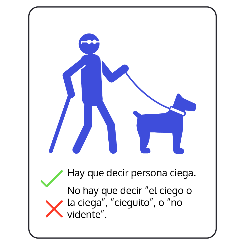 Pictograma que muestra a una persona ciega caminando junto a un perro guía. Debajo se lee: Hay que decir persona ciega. No hay que decir "el ciego o la ciega", "cieguito" o "no vidente".