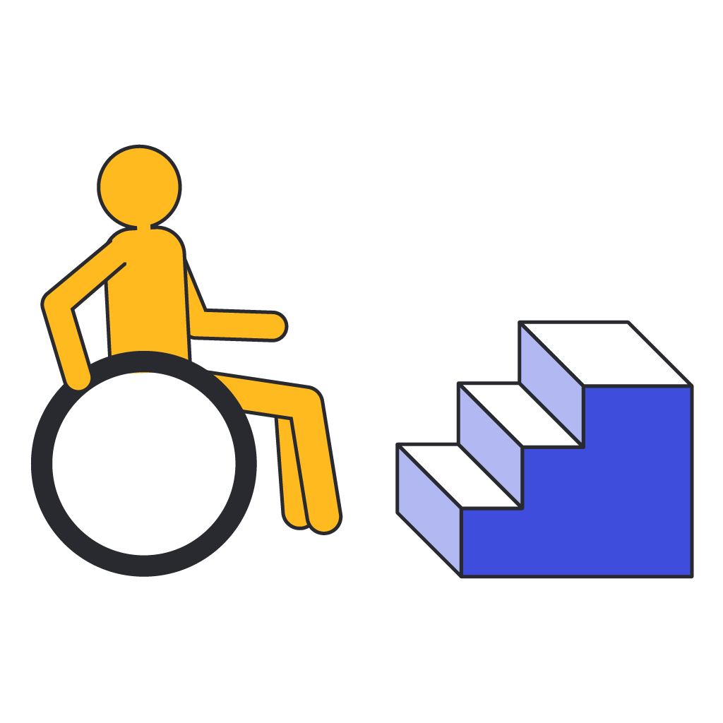 Pictograma de una persona en una silla de ruedas frente a una escalera, sin poder subirla. 