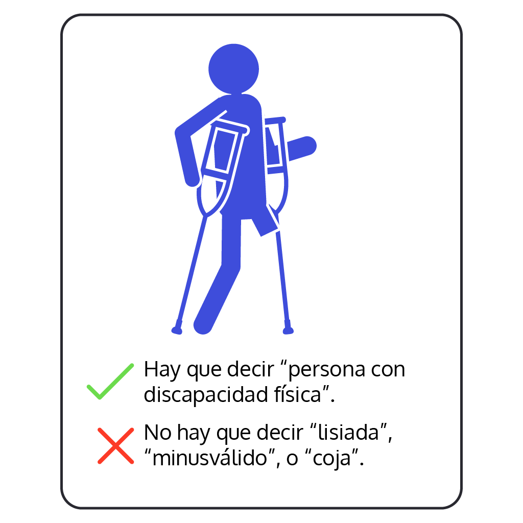 Pictograma de una persona caminando con dos muletas y sin una parte de su pierna izquierda. Debajo se lee junto a un ticket verde: Hay que decir "persona con discapacidad física". Al lado de una letra X roja dice: No hay que decir lisiada, minusválido o coja. 