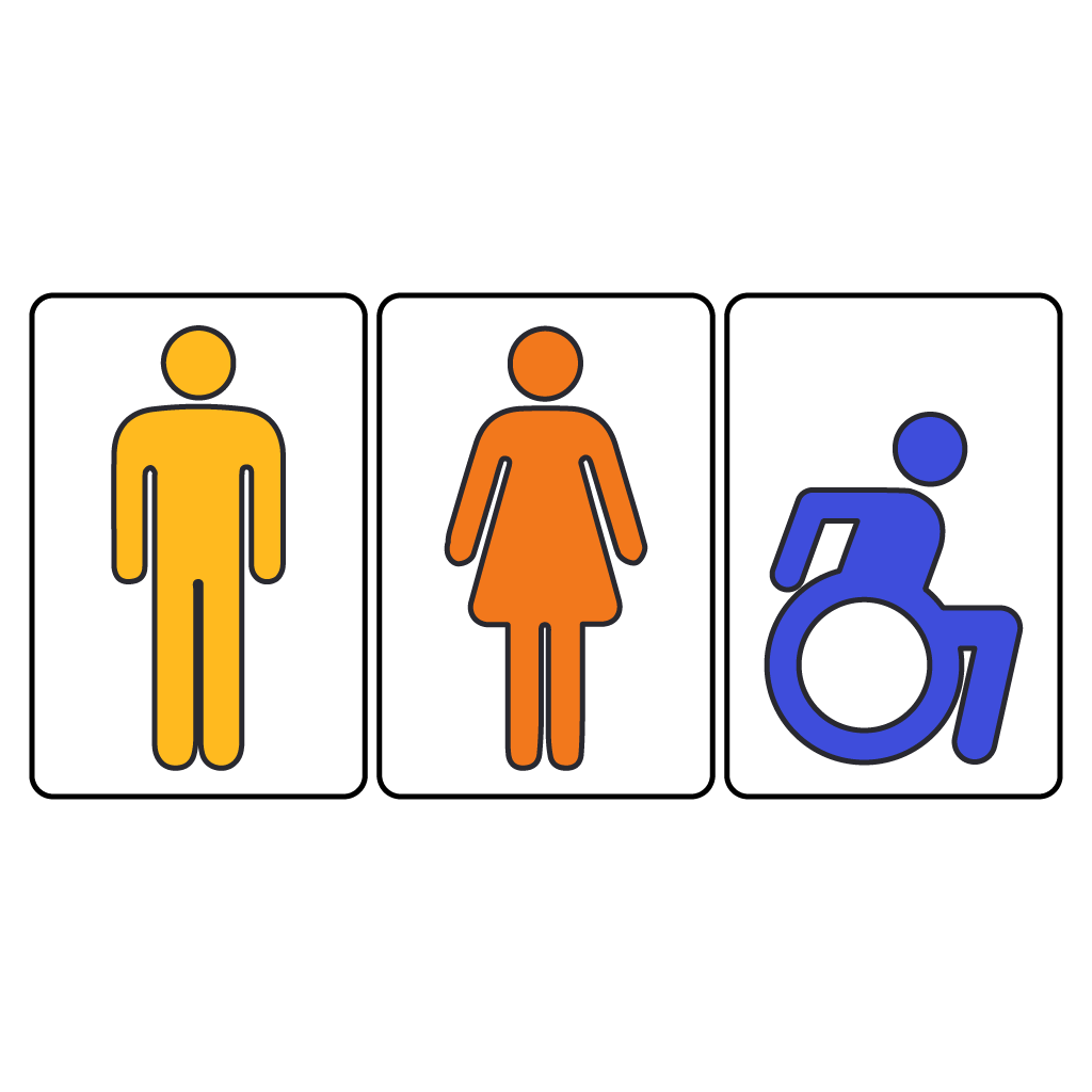 Dibujo de tres pictogramas: un ícono de un hombre, un ícono de una mujer y un ícono de una persona en silla de ruedas.
