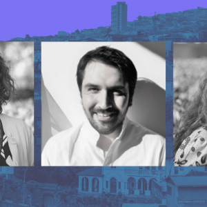 Fotos individuales de Vanessa Vega, Félix González y Claudia Miranda. De fondo se ve una foto de Valparaíso.