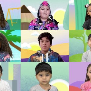 Captura de pantalla que muestra los rostros de distintas niñas y niños que hablan en el video.