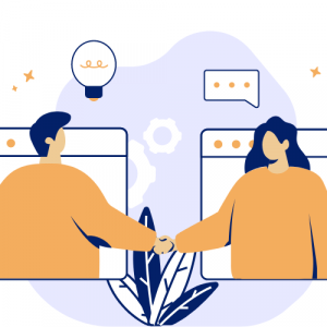 Imagen ilustrada de dos personas dándose la mano. Al rededor se ven íconos de una ampolleta, globos de diálogo y plantas.