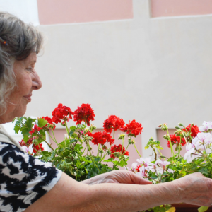 Foto de una mujer mayor cuidando sus plantas y flores.