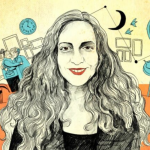 Ilustración de Claudia Miranda sonriendo. Detrás se ven varios dibujos de personas mayores cuidando a otras personas mayores.