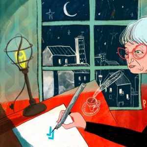 Ilustración que muestra a una mujer mayor escribiendo sobre un papel en un escritorio, al interior de una habitación durante la noche.
