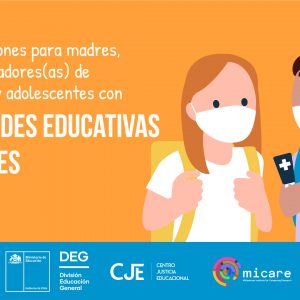 Ilustración de una niña y un niño con mochilas y mascarilla. Recomendaciones para madres, padres, cuidadores de niñas, niños y adolescentes con necesidades educativas especiales. Logos de las instituciones que apoyan la iniciativa.