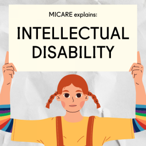 illustration of a girl holding a sign that reads: Micare explains, intellectual disability