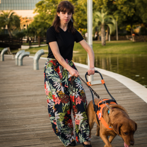 Foto de una mujer con discapacidad visual caminando en una ciudad junto a un perro guía.