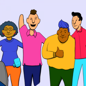 Imagen que muestra una ilustración de seis personas distintas y sonriendo, algunas con discapacidades, y un perro guía.