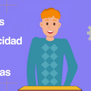 Dibujo de un hombre sonriendo. Al lado izquierdo se lee: Personas con discapacidad deben estar implicadas. A la derecha hay dibujos de engranajes y una ampolleta encendida.