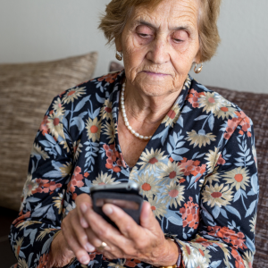 Foto de una mujer mayor tocando la pantalla de un teléfono smartphone.