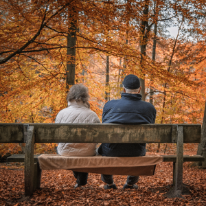 Foto de dos personas mayores sentadas en una banca, mirando un bosque en otoño.