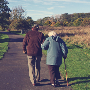 Photo of an elderly couple walking at a park.