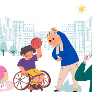 Ilustración que muestra distintas personas en una ciudad: una mujer mayor con un bastón, una niña con síndrome de down, un niño en silla de ruedas y una pelota, una mujer mayor haciendo ejercicio, un hombre mayor y un hombre ciego con un perro guía.