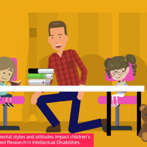 Ilustración que muestra a un papá ayudando a leer a una niña y un niño.