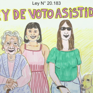 Ilustración que muestra a distintas personas mayores, con discapacidad, acompañantes y cuidadores, sonriendo. Sobre ellas se lee: Ley número veinte mil ciento ochenta y tres. Ley de voto asistido