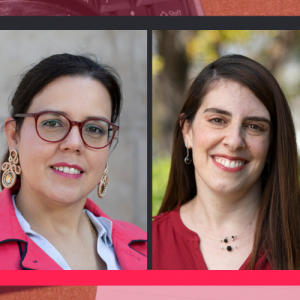 Foto de Marcela y foto de Paulina sonriendo. Las fotos están superpuestas sobre un fondo borroso de una lupa, un libro y un lápiz, que representa la investigación.